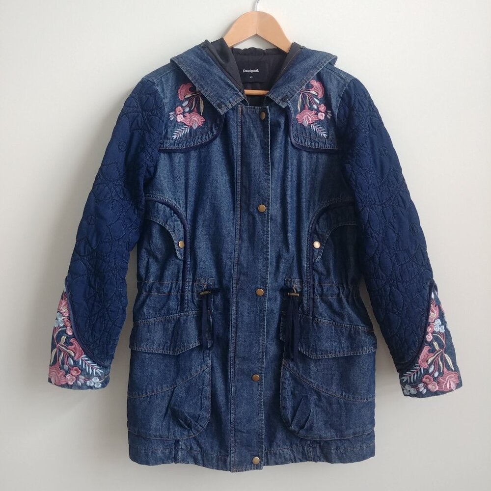 Desigual cotton denim embroidered parka style jacket blue quilted sleeves 10 - Picture 3 of 16